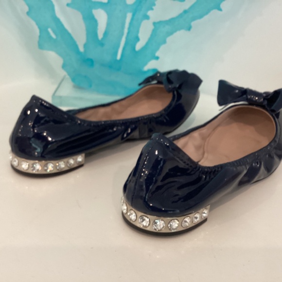 MIU MIU Patent Leather Navy Blue w Bow Flats Embellished Heel 39 9 w box - Picture 7 of 10